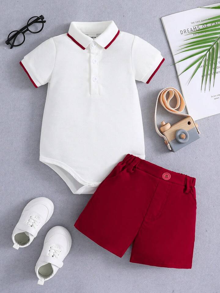 Terom-Baby Boys Polo Romper & Shorts Set-Red