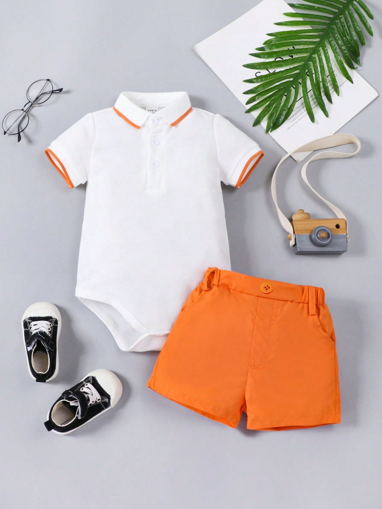 Terom-Baby Boys Polo Romper & Shorts Set-Orange