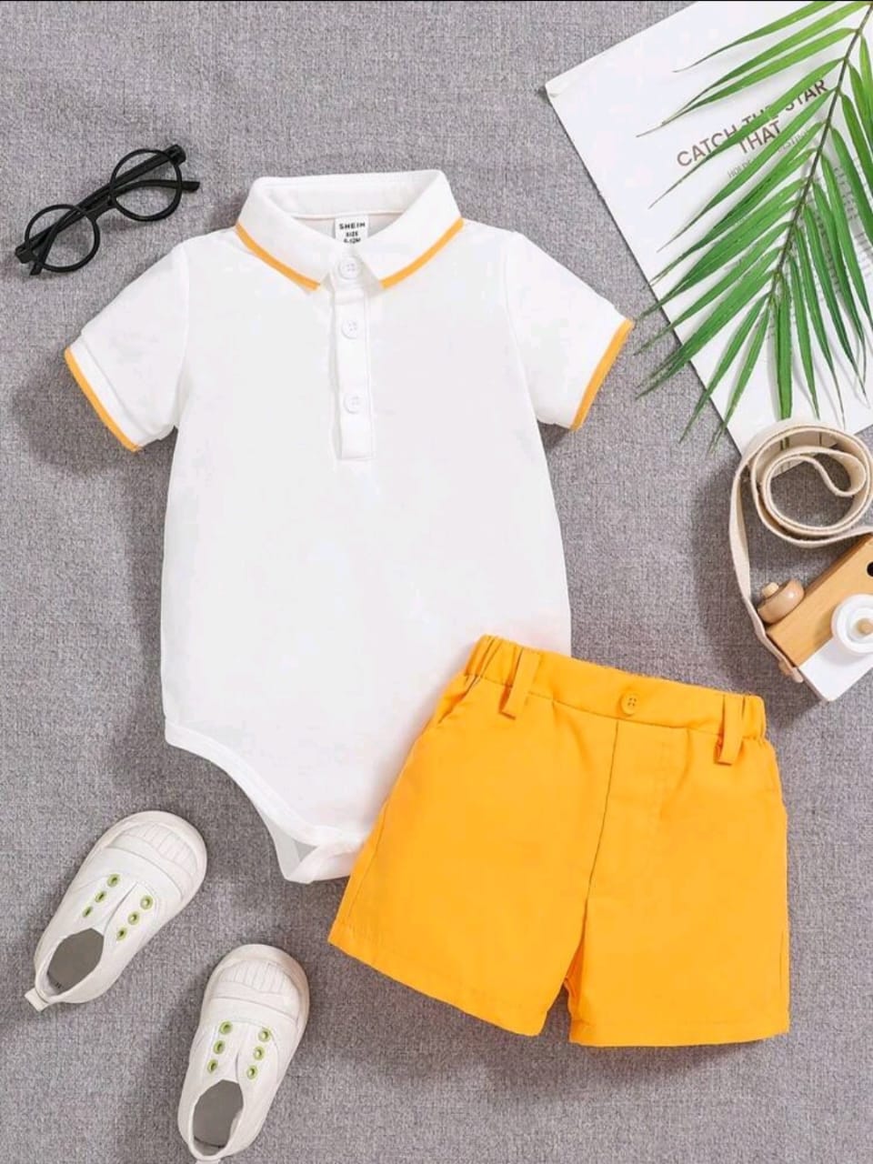 Terom-Baby Boys Polo Romper & Shorts Set-Yellow