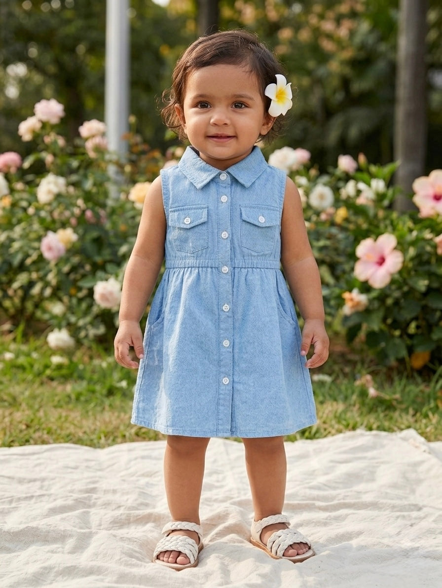 Terom-Sleeveless Denim Button-Down Frock