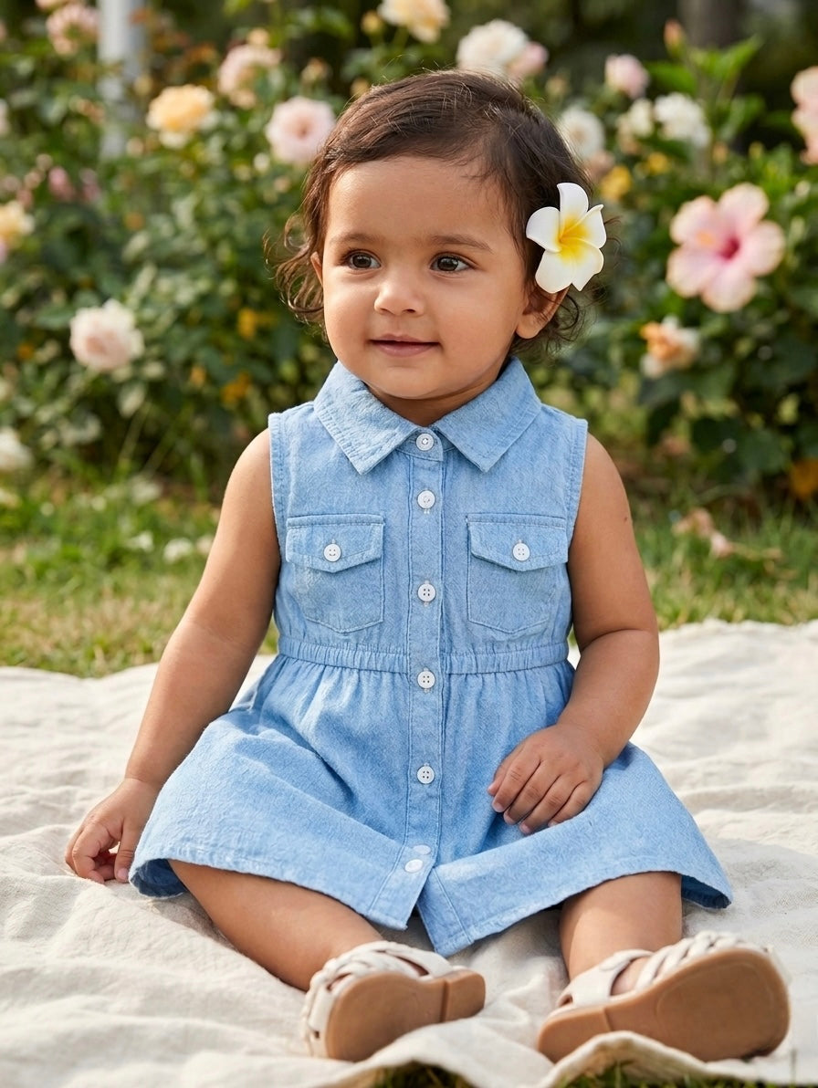Terom-Sleeveless Denim Button-Down Frock