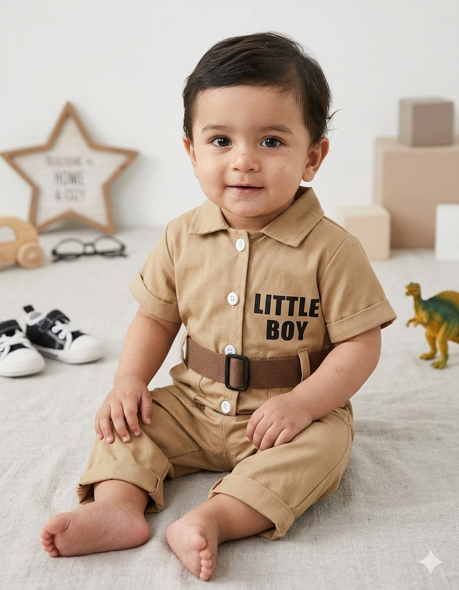 Terom-Little Boy Jumpsuit With Belt-Light Brown