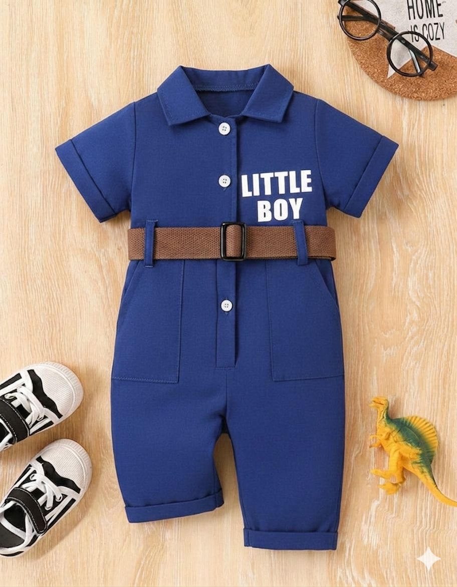 Terom-Little Boy Jumpsuit With Belt-Blue