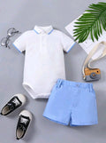 Terom-Baby Boys Polo Romper & Shorts Set-Blue