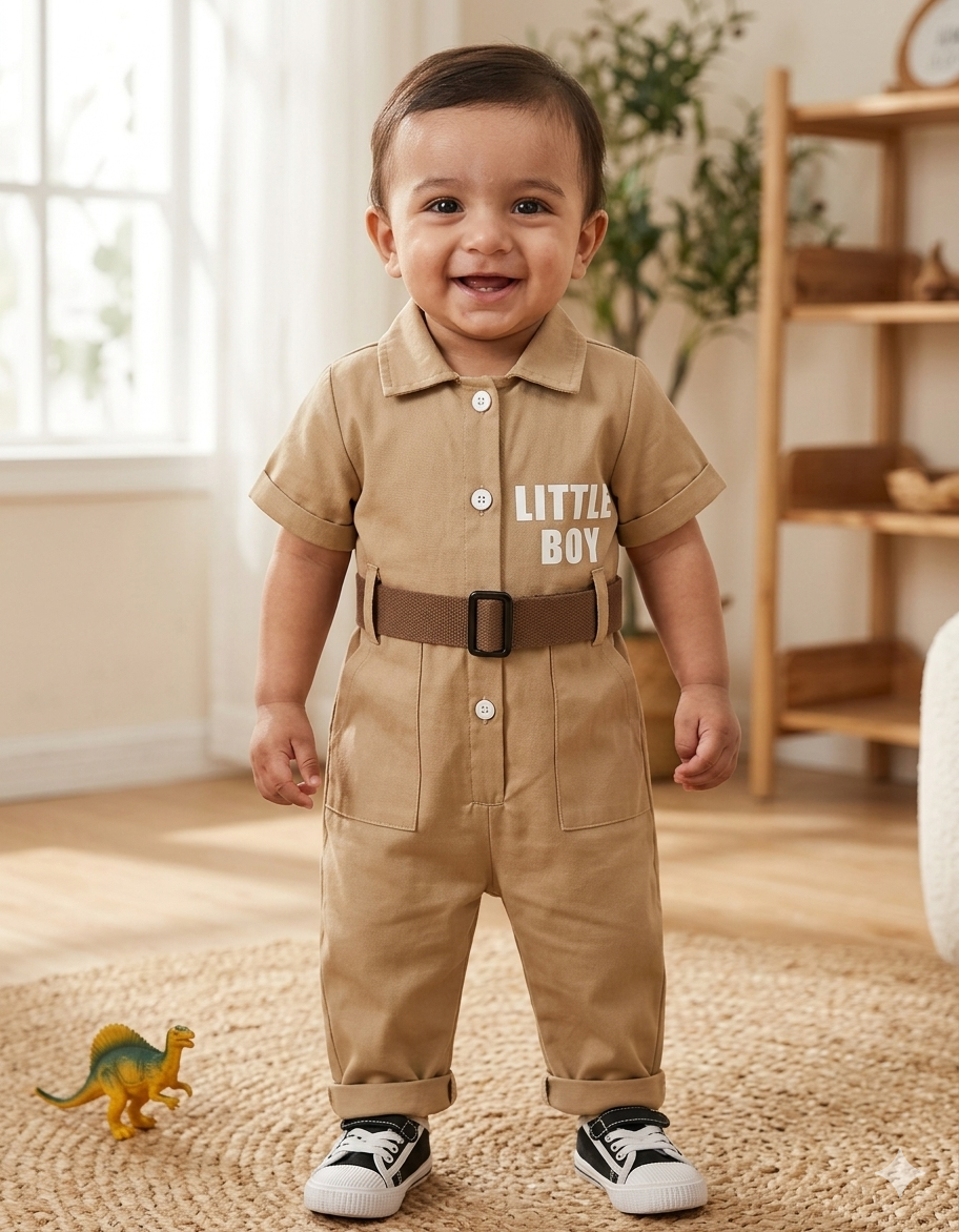 Terom-Little Boy Jumpsuit With Belt-Brown