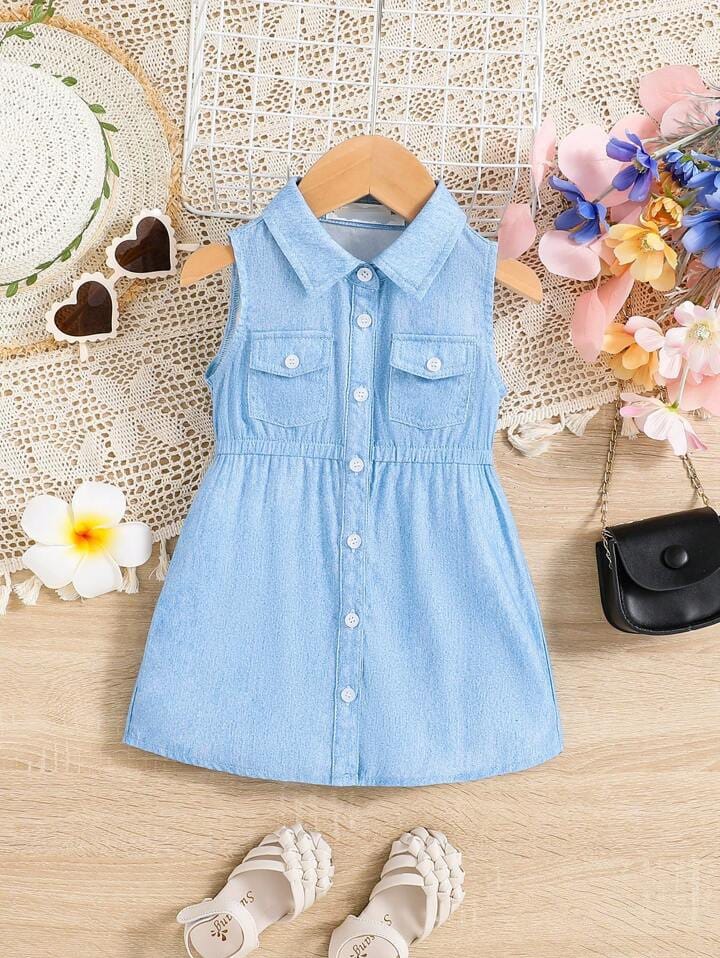Terom-Sleeveless Denim Button-Down Frock