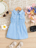 Terom-Sleeveless Denim Button-Down Frock