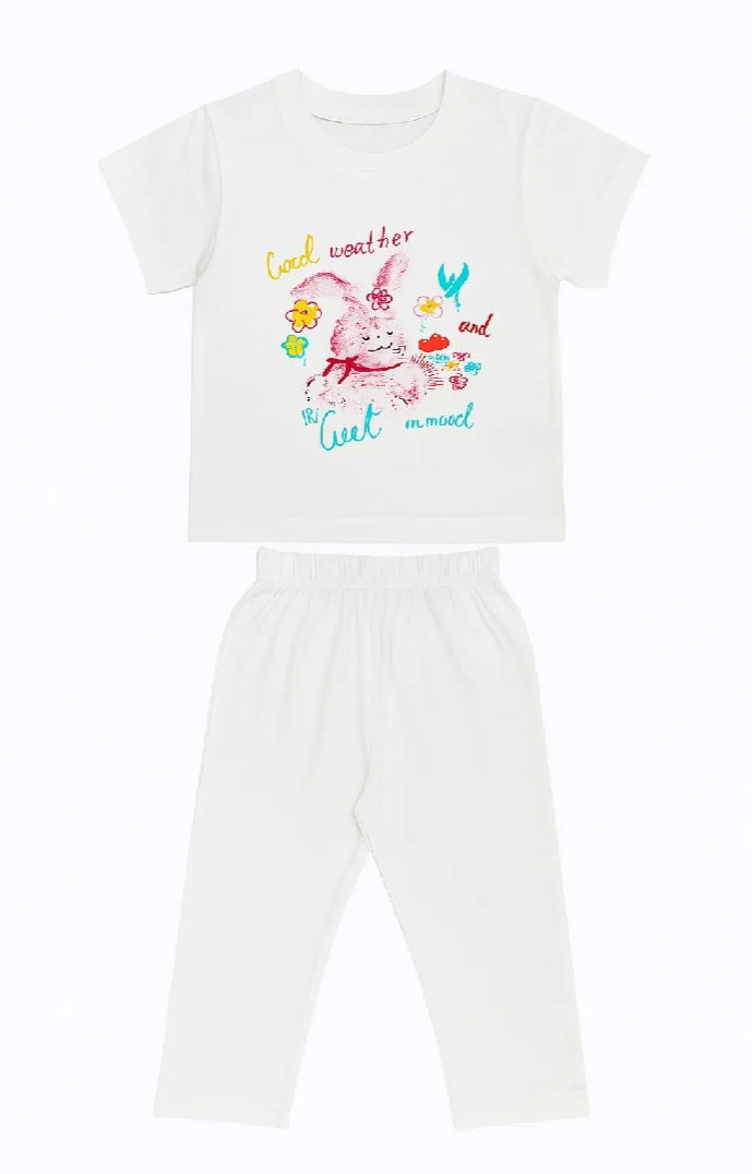 Terom-Little Bunny Graphic Tee & Pajama Set–Soft White
