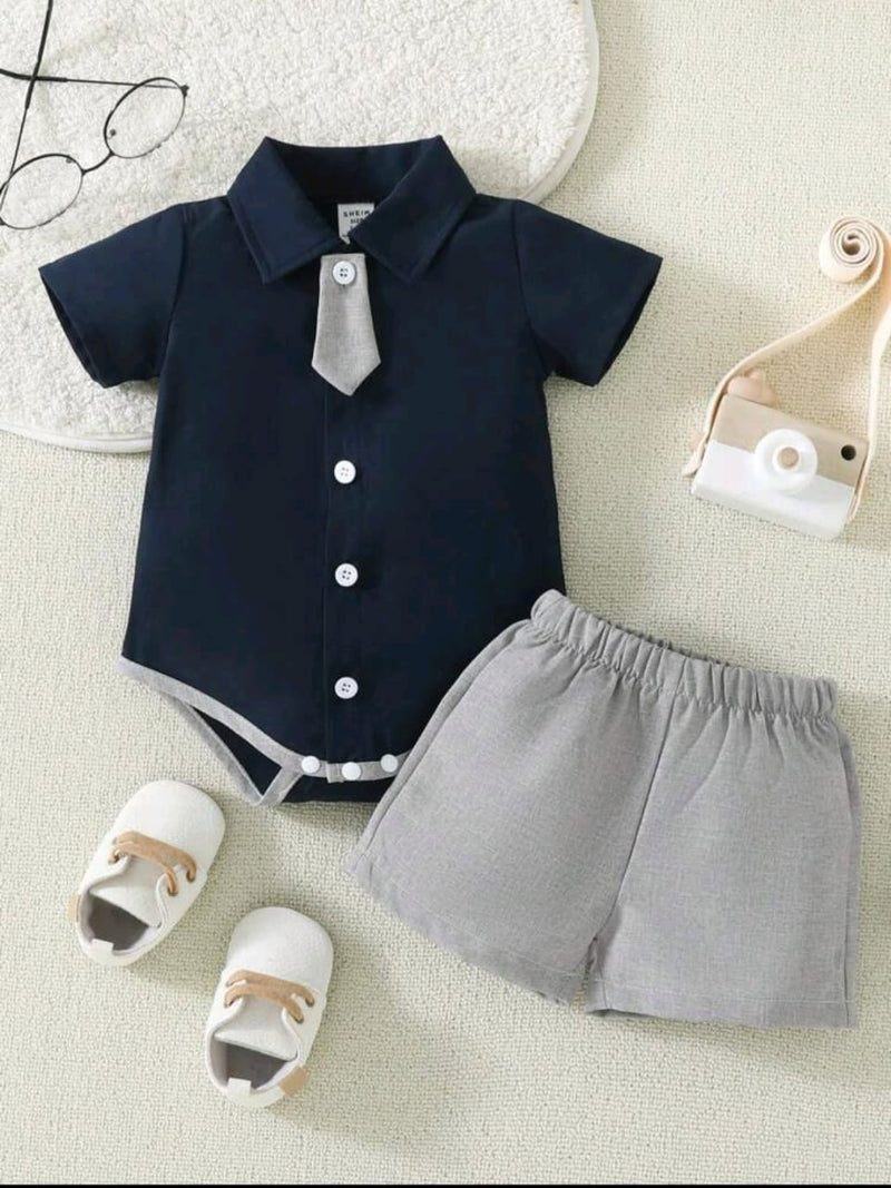 Terom-Baby Boys Polo Romper & Shorts Set-Grey