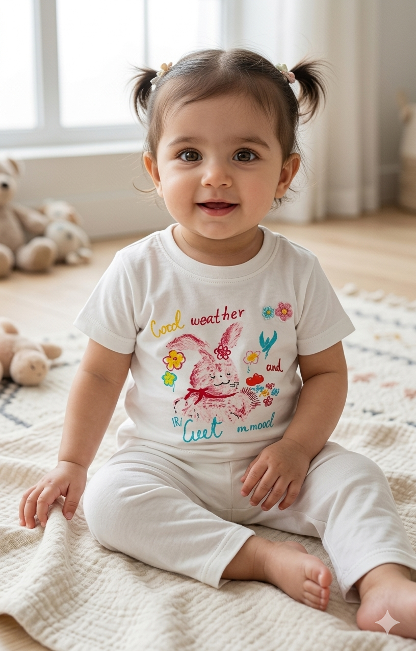Terom-Little Bunny Graphic Tee & Pajama Set–Soft White