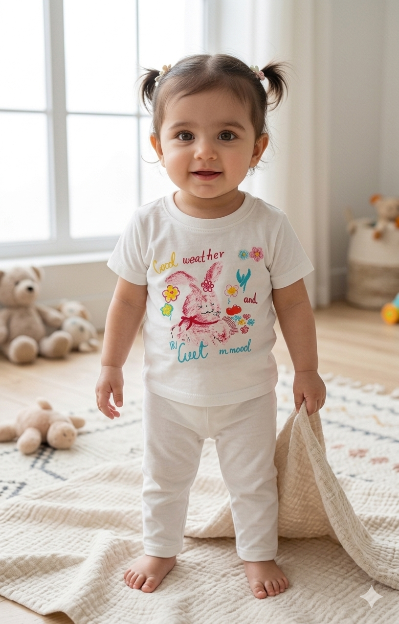 Terom-Little Bunny Graphic Tee & Pajama Set–Soft White