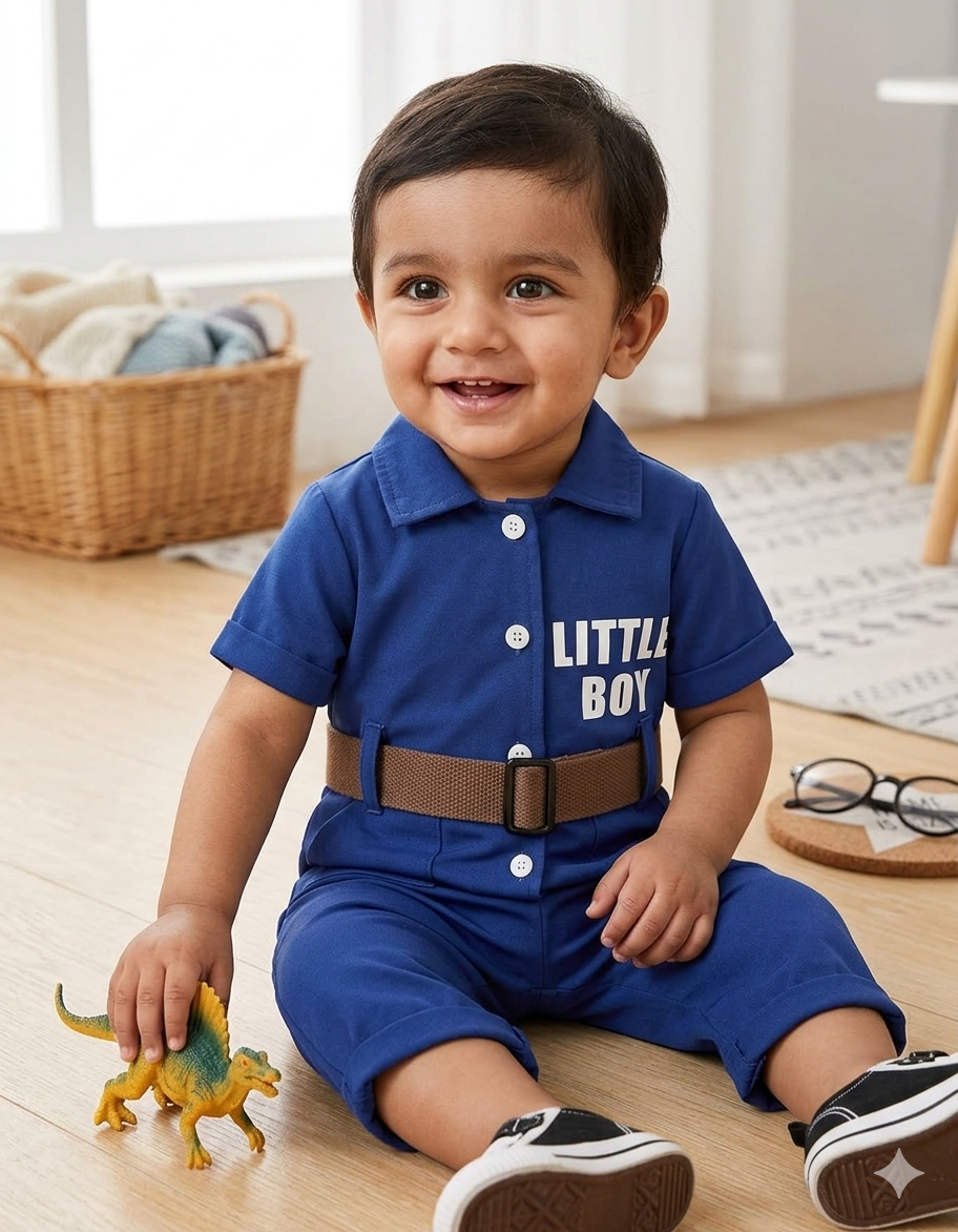 Terom-Little Boy Jumpsuit With Belt-Blue