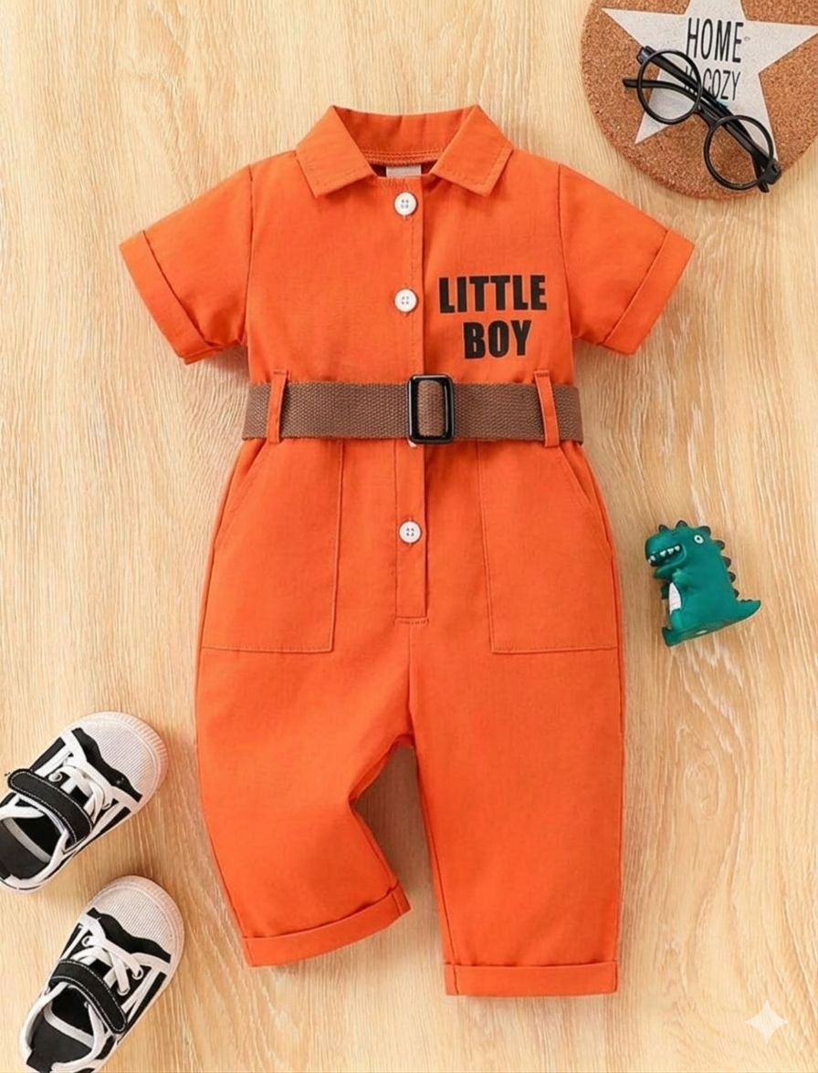 Terom-Little Boy Jumpsuit With Belt-Orange