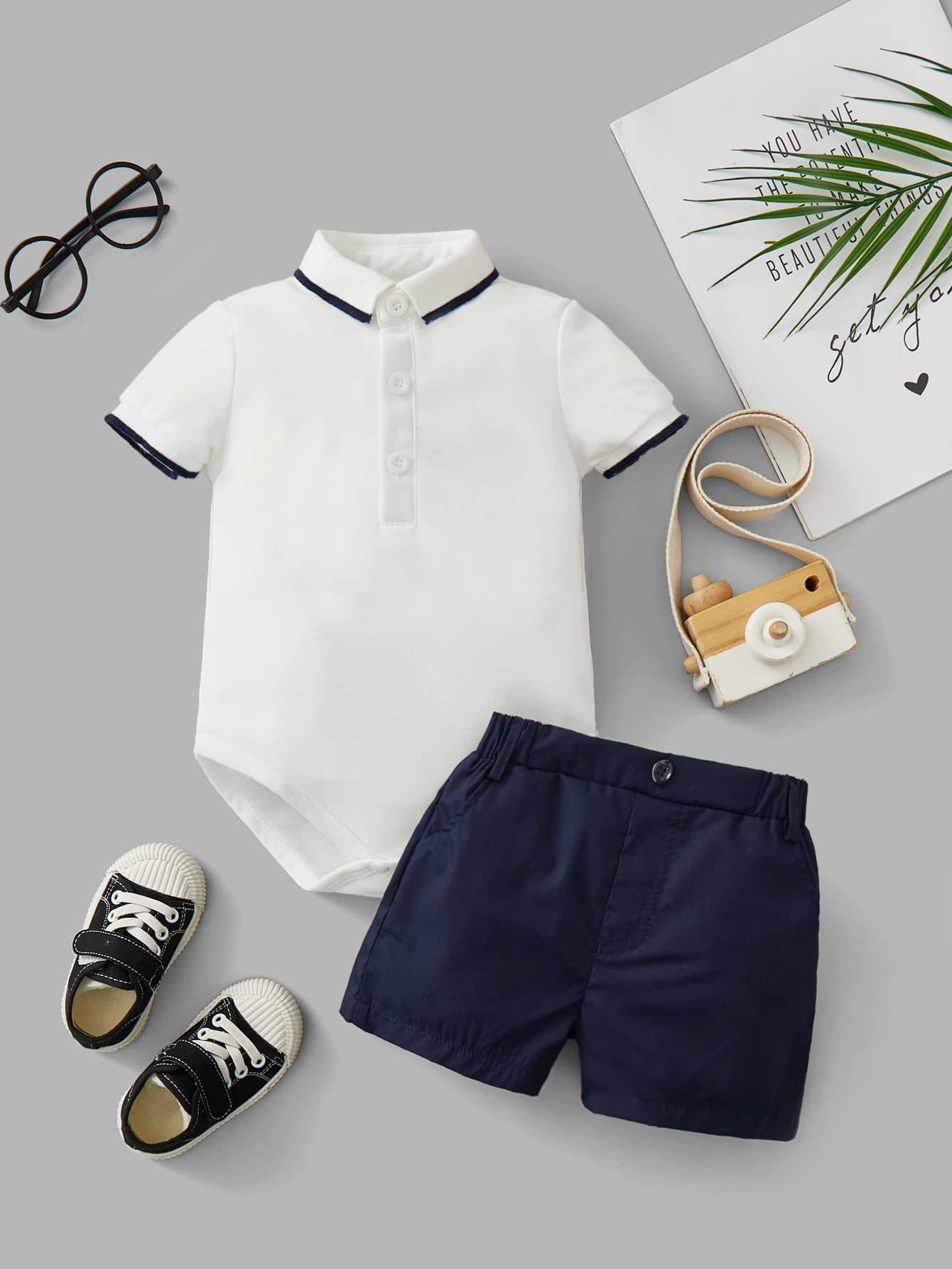 Terom-Baby Boys Polo Romper & Shorts Set-Navy Blue